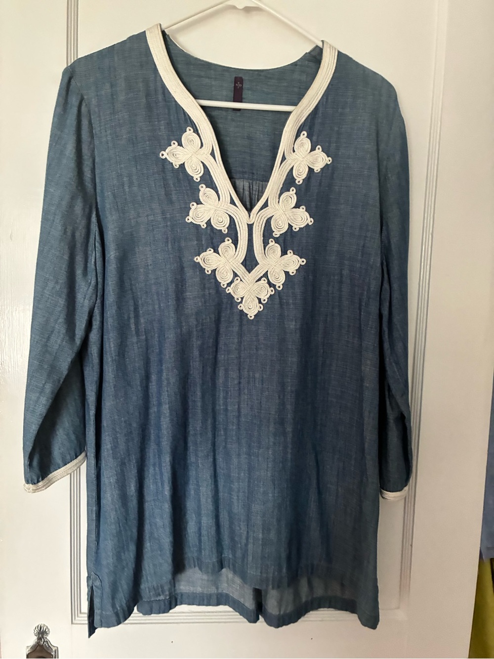 NYDJ Denim Blue V-Neck Tunic with Cream Embroidery